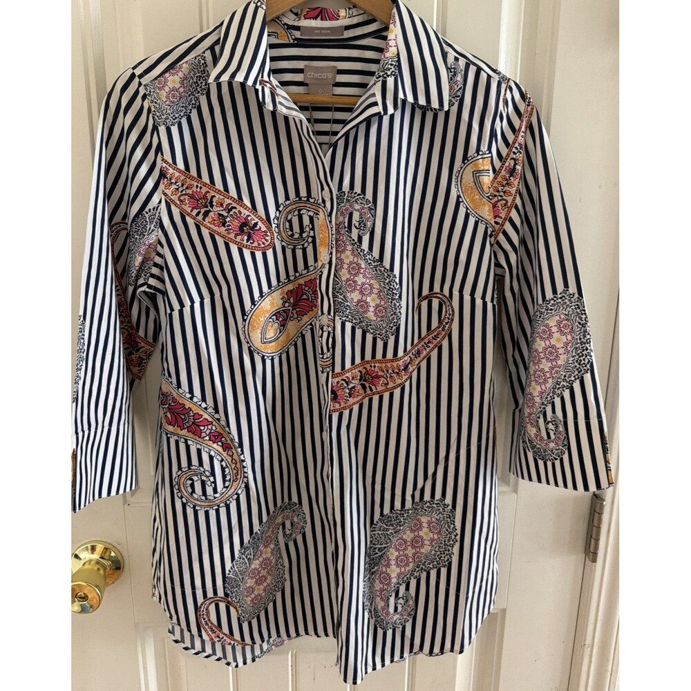 Chicos Womens Blue White Striped Paisley Cotton Button Down Tunic Top Size 0 S